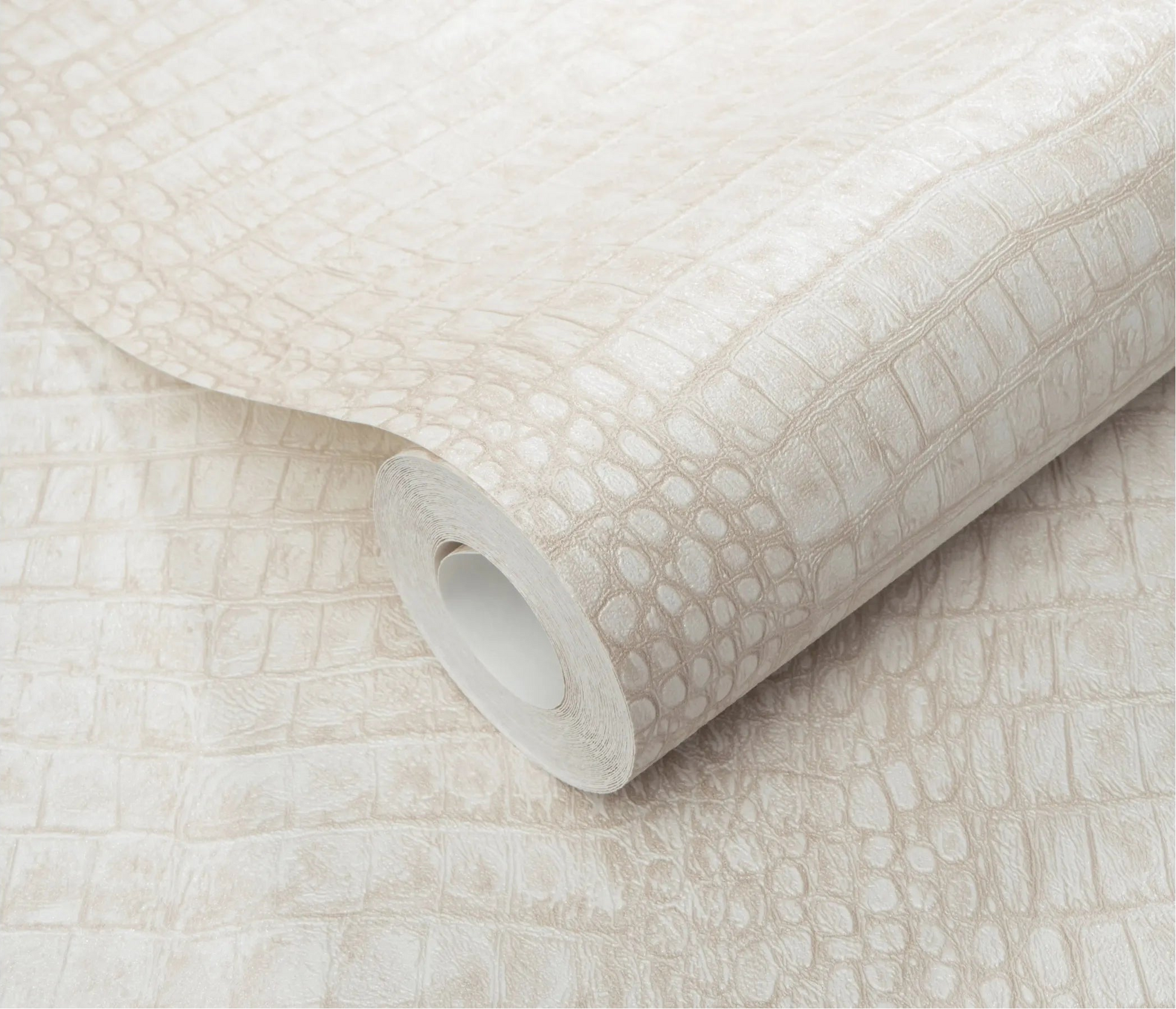 Erismann Forest Dreams 10560-02 wallpaper roll close-up with pale textured crocodile skin pattern and subtle raised lines.