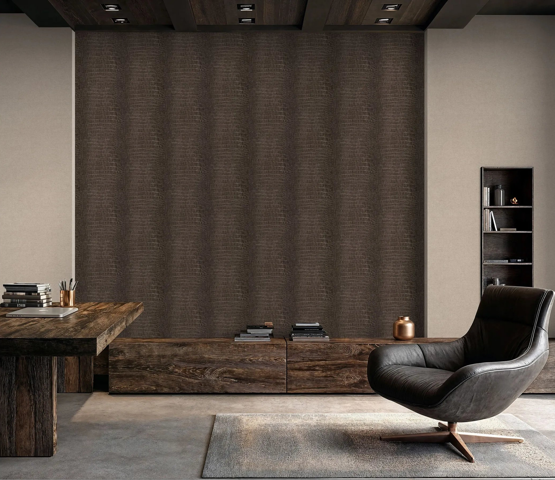 Erismann Forest Dreams 10560-11 wallpaper with dark reptile texture on a feature wall behind a wooden desk and lounge chair.