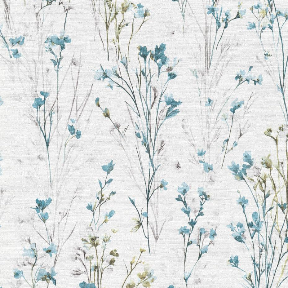 Turquoise meadow floral wallpaper by Erismann on a soft white, linen-like ground, pattern 10561-18.