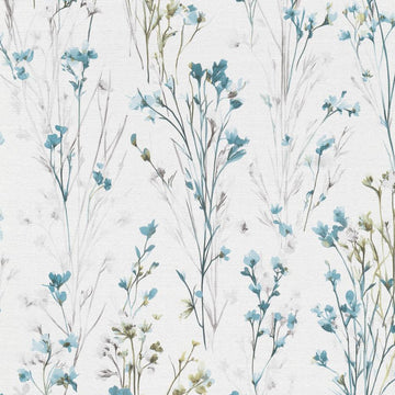 Turquoise meadow floral wallpaper by Erismann on a soft white, linen-like ground, pattern 10561-18.