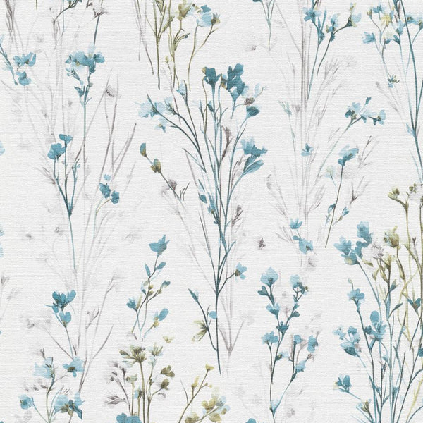 Turquoise meadow floral wallpaper by Erismann on a soft white, linen-like ground, pattern 10561-18.