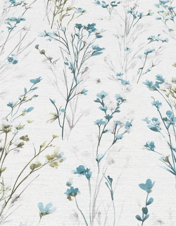 Erismann Forest Dreams 10561-18 wallpaper with delicate blue wildflowers and fine grey stems on a woven white texture.