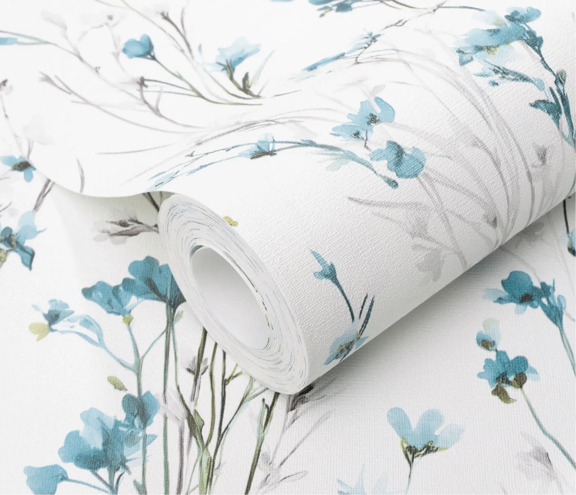 Erismann Forest Dreams 10561-18 wallpaper roll close-up with blue floral print, fine grey stems, and woven white texture.