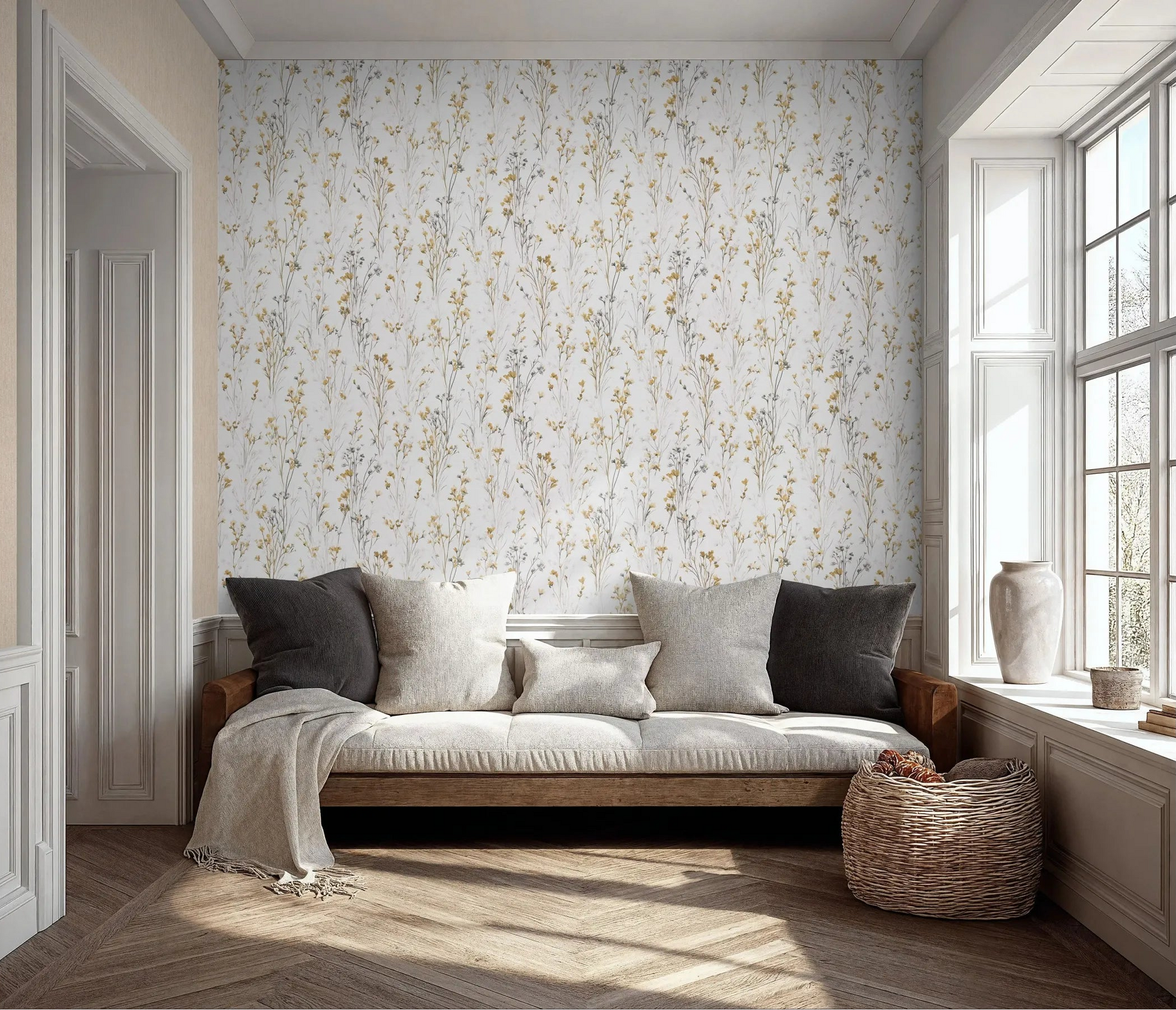 Erismann Forest Dreams 10561-20 wallpaper with delicate wildflower stems on the wall behind a cushioned bench with throw pillows and a basket.