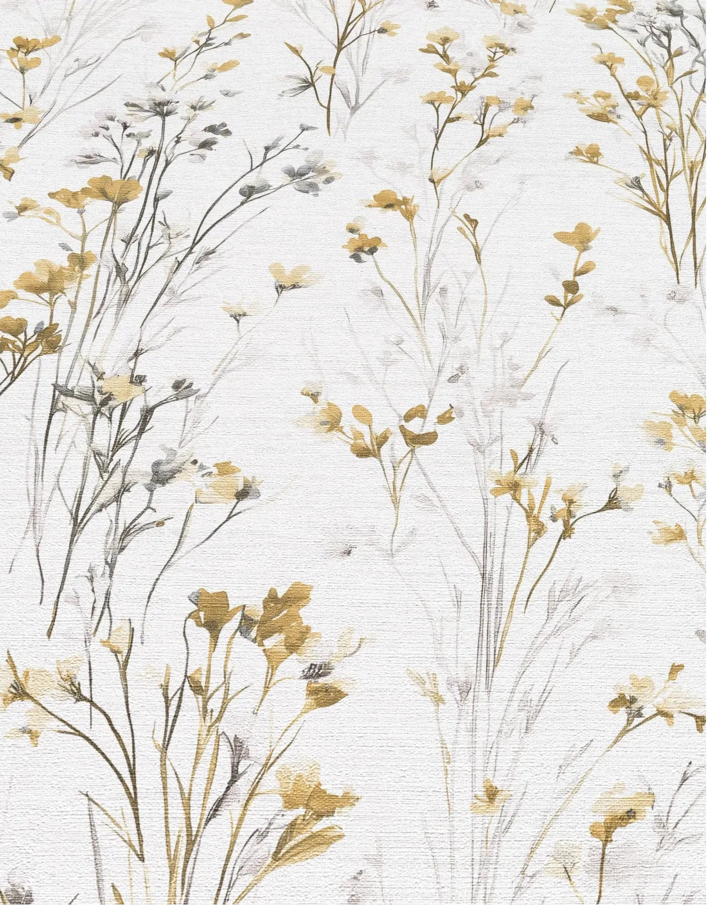 Erismann Forest Dreams 10561-20 wallpaper with delicate ochre and grey wildflower stems on a lightly textured white surface.
