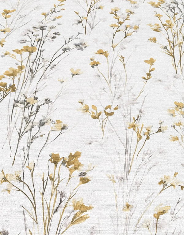 Erismann Forest Dreams 10561-20 wallpaper with delicate ochre and grey wildflower stems on a lightly textured white surface.