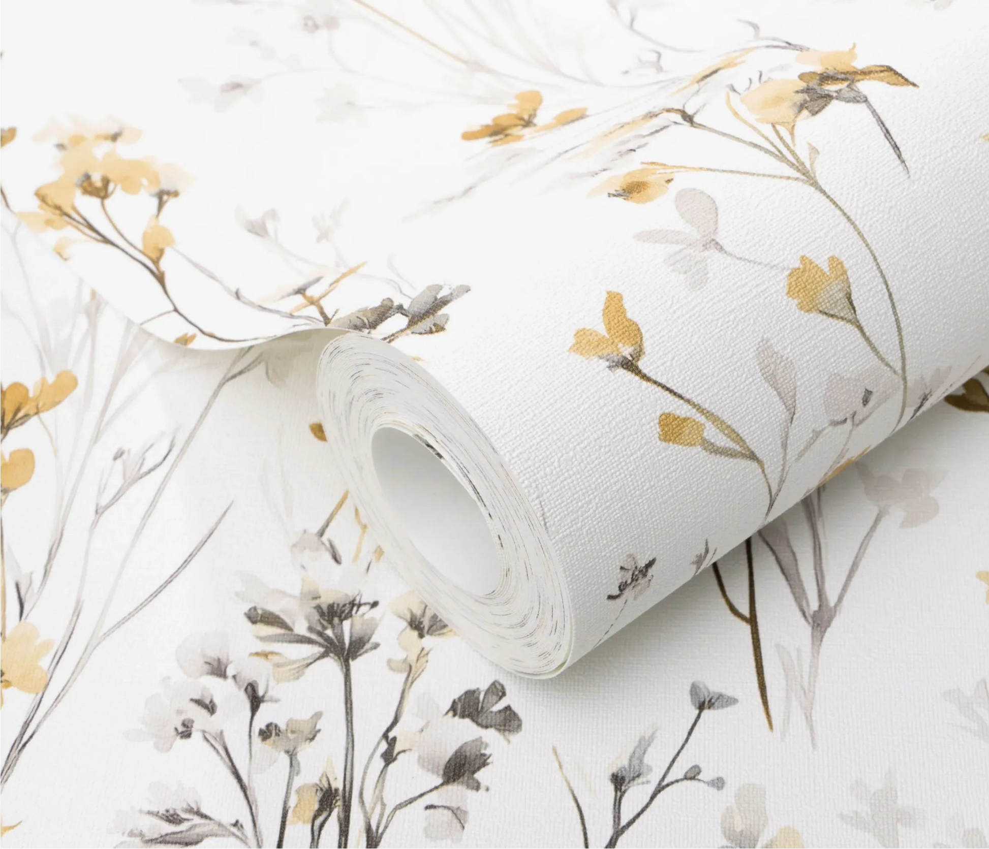 Erismann Forest Dreams 10561-20 wallpaper roll close-up with delicate botanical stems and yellow flowers on a woven white texture.