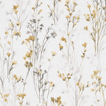 Erismann Forest Dreams 10561-20 wallpaper with yellow and grey watercolor wildflowers on a white linen-like ground.