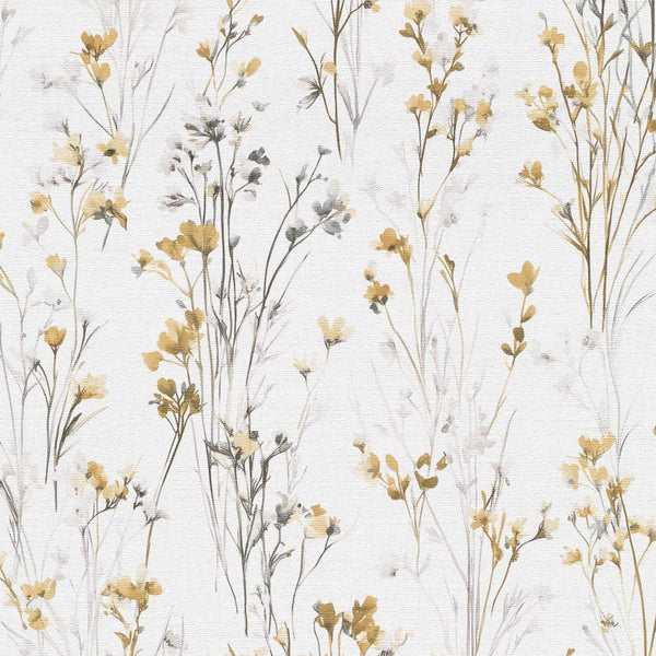 Erismann Forest Dreams 10561-20 wallpaper with yellow and grey watercolor wildflowers on a white linen-like ground.