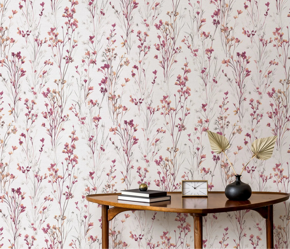 Erismann Forest Dreams 10561-22 violet watercolor blossom wallpaper on soft white