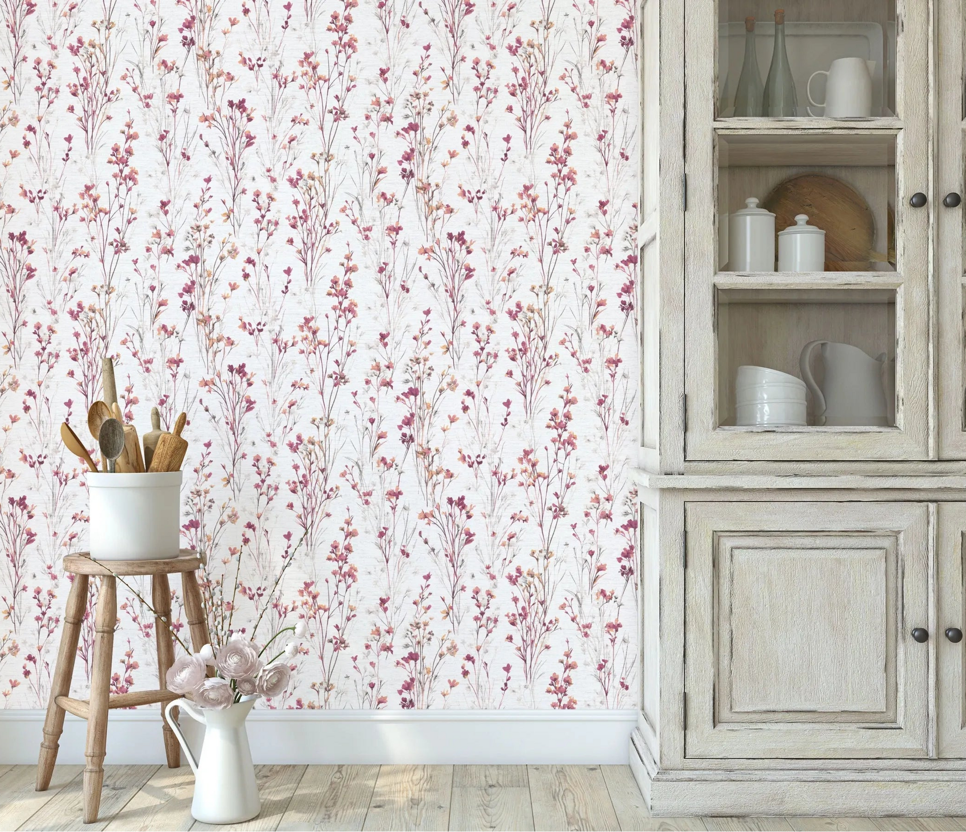 Erismann Forest Dreams 10561-22 wallpaper with delicate pink floral stems behind a wooden stool and rustic dish cabinet.