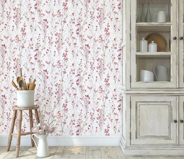 Erismann Forest Dreams 10561-22 wallpaper with delicate pink floral stems behind a wooden stool and rustic dish cabinet.
