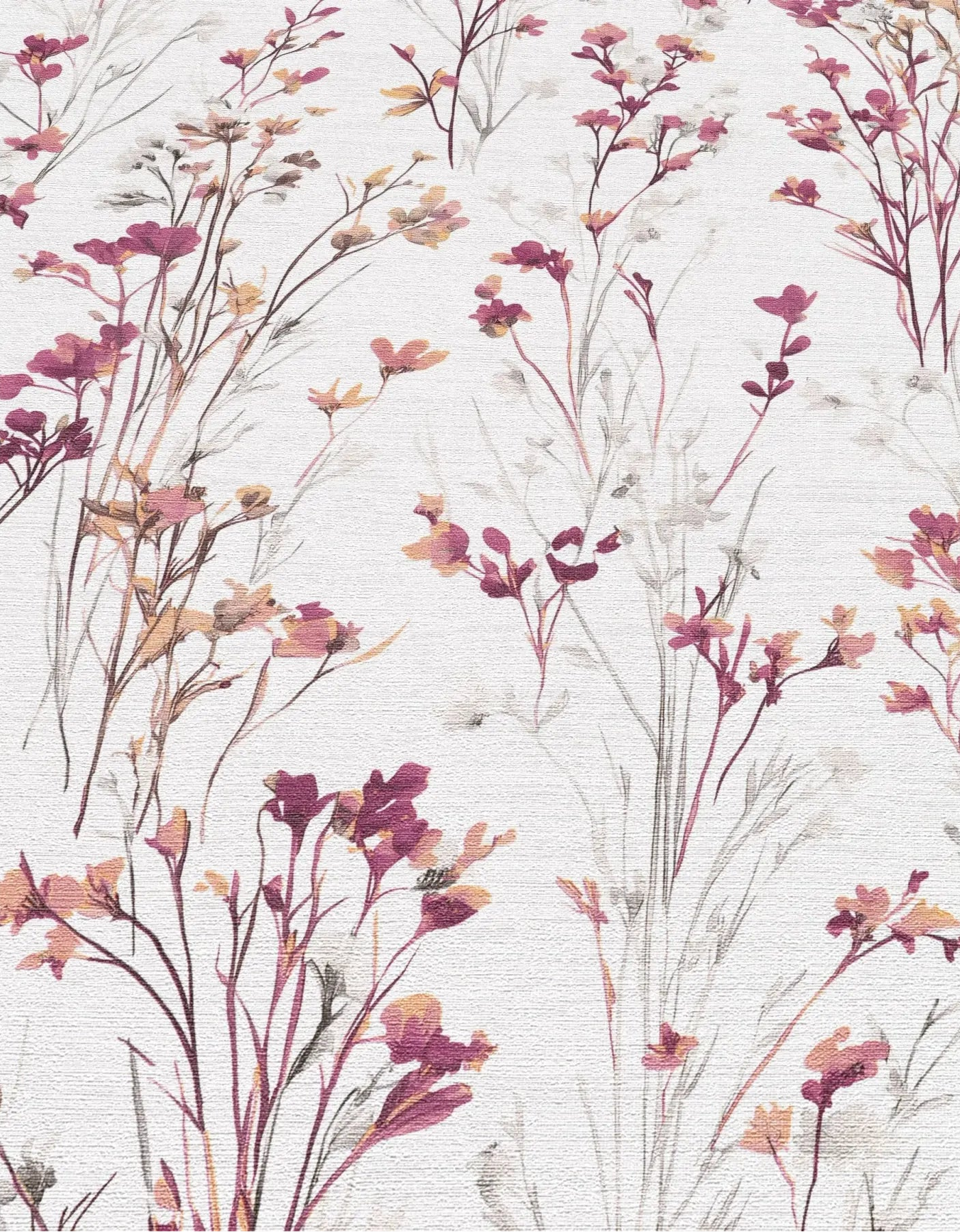 Erismann Forest Dreams 10561-22 wallpaper painterly pink and peach wildflowers with fine grasses on a lightly textured pale surface.