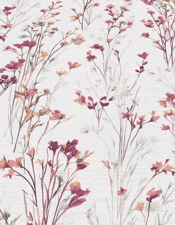 Erismann Forest Dreams 10561-22 wallpaper painterly pink and peach wildflowers with fine grasses on a lightly textured pale surface.
