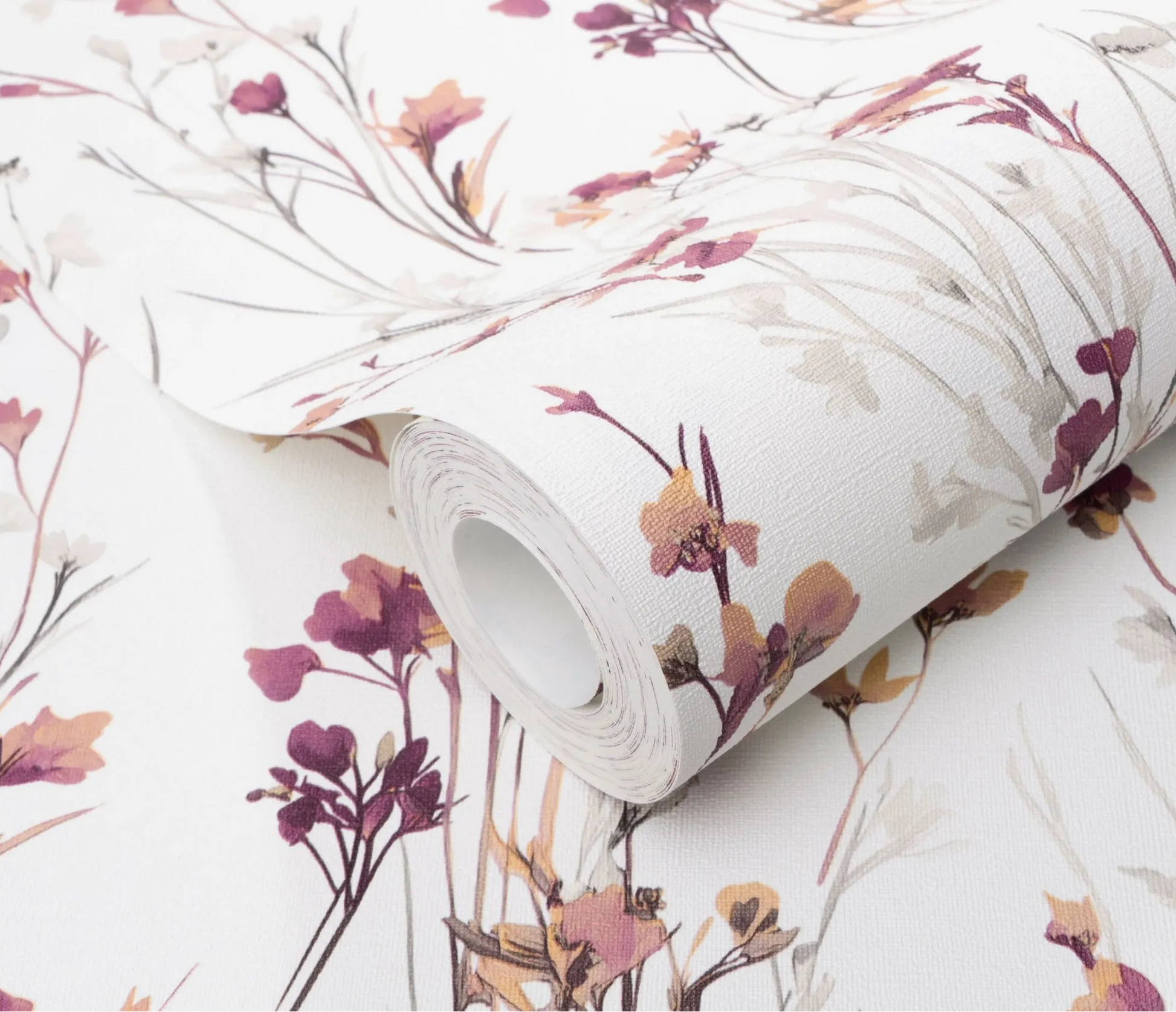 Erismann Forest Dreams 10561-22 wallpaper roll close-up with fine woven texture and delicate pink, peach, and grey botanical stems.