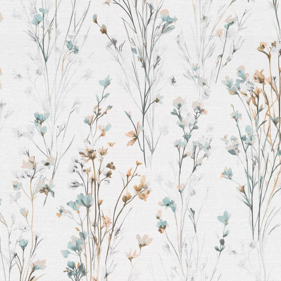 Erismann Forest Dreams 10561-35 wallpaper with airy watercolor meadow florals in turquoise and warm neutrals on a soft white background.