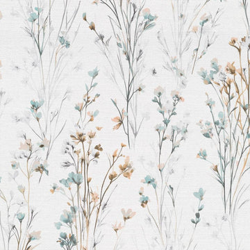 Erismann Forest Dreams 10561-35 wallpaper with airy watercolor meadow florals in turquoise and warm neutrals on a soft white background.