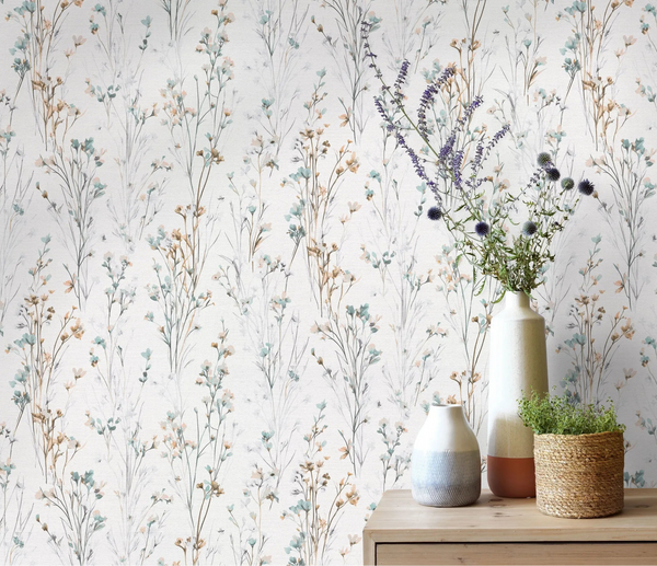 Erismann Forest Dreams 10561-35 wallpaper with delicate botanical stems behind a wooden chest, vases, and a potted plant.