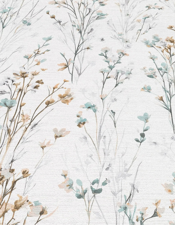 Erismann Forest Dreams 10561-35 wallpaper with delicate meadow stems, teal leaves, ochre flowers, and subtle woven texture.