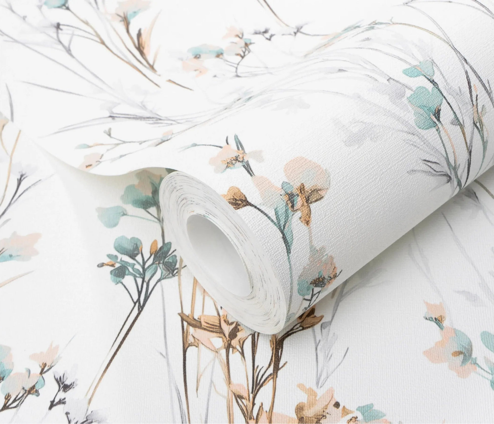 Erismann Forest Dreams 10561-35 wallpaper roll close-up with delicate floral stems and soft teal and peach accents on textured surface.