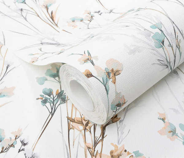 Erismann Forest Dreams 10561-35 wallpaper roll close-up with delicate floral stems and soft teal and peach accents on textured surface.