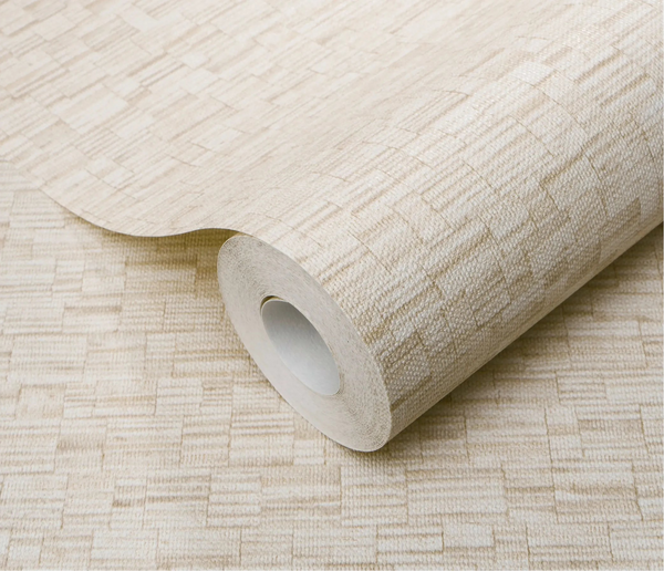 Erismann Forest Dreams 10562-02 wallpaper roll close-up with beige woven texture and subtle rectangular block pattern.