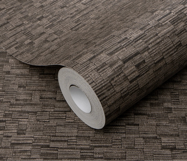 Erismann Forest Dreams 10562-11 wallpaper roll close-up with dark woven texture and irregular rectangular line pattern.