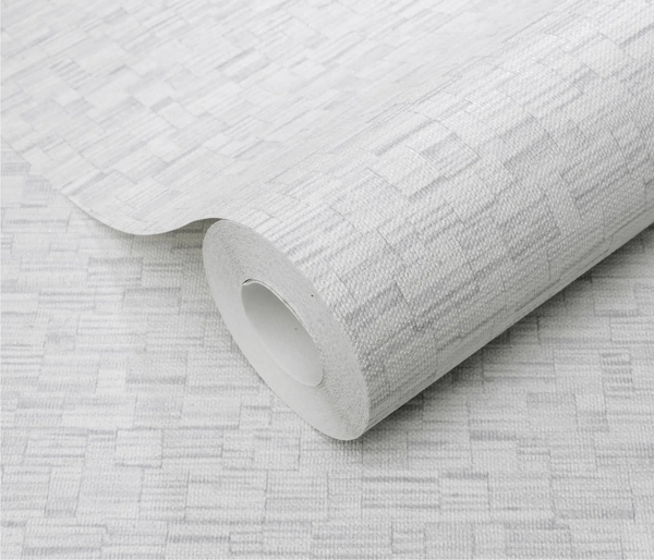 Erismann Forest Dreams 10562-31 wallpaper roll close-up with pale woven texture and subtle grey linear block pattern.