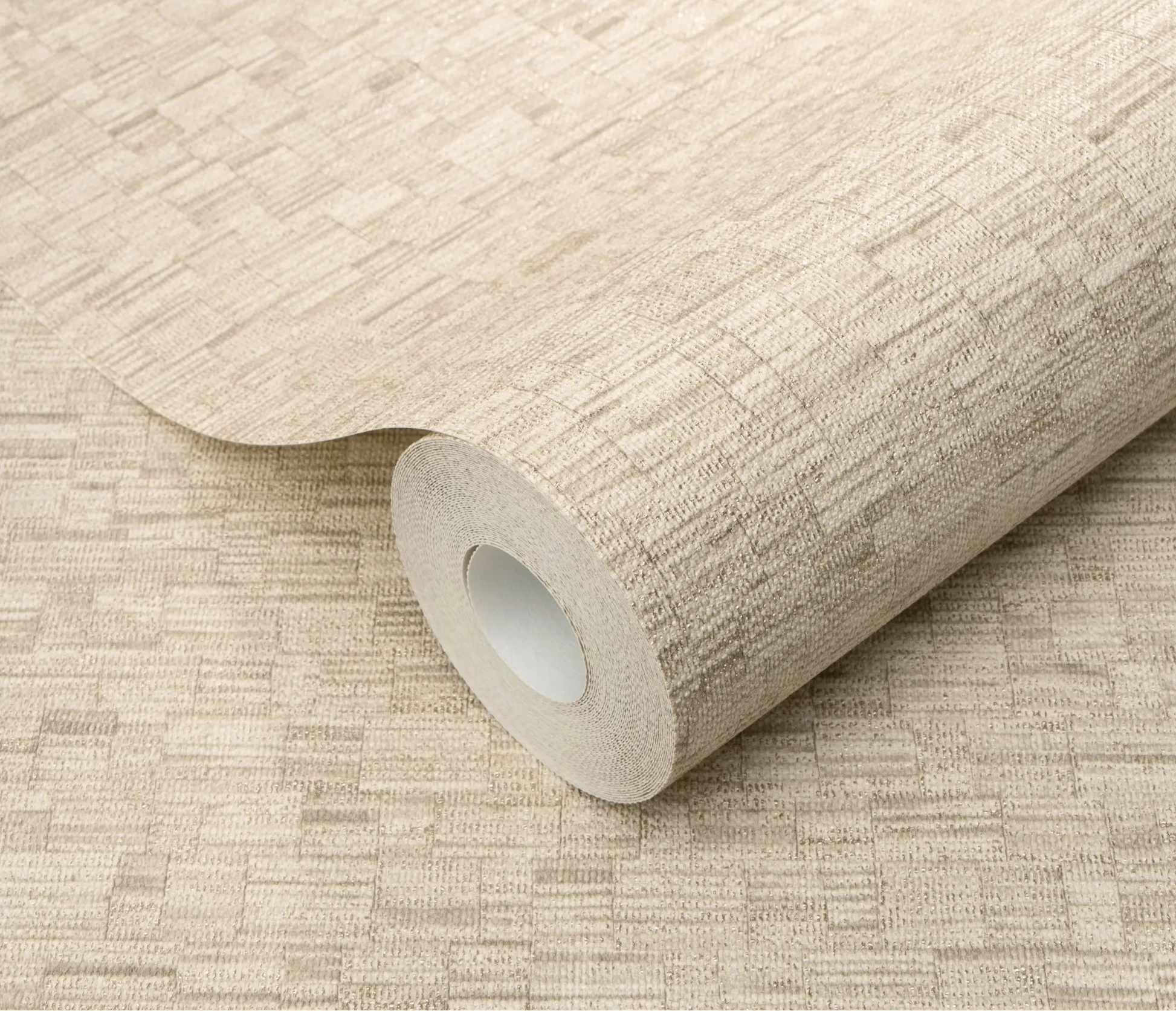 Erismann Forest Dreams 10562-32 wallpaper roll close-up with beige woven texture and subtle rectangular line pattern.