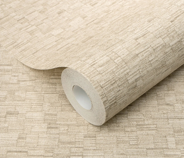 Erismann Forest Dreams 10562-32 wallpaper roll close-up with beige woven texture and subtle rectangular line pattern.