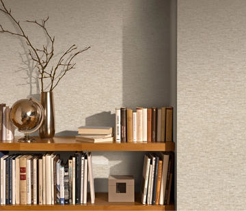 Erismann Forest Dreams 10562-32 wallpaper on a textured wall behind wooden bookshelves, books, a globe, and a branch-filled vase.
