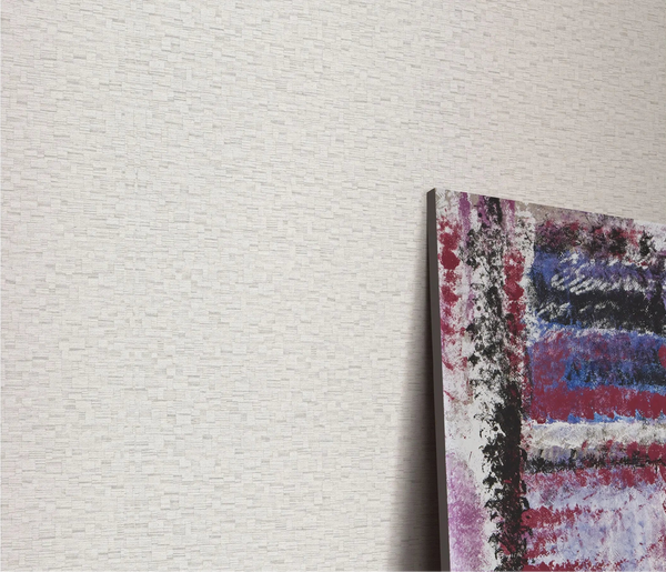 Erismann Forest Dreams 10562-38 wallpaper on a textured pale wall beside a colorful abstract canvas.