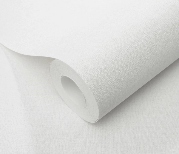 Erismann Forest Dreams 10563-01 wallpaper roll close-up with plain white woven texture and subtle raised fabric-like finish.
