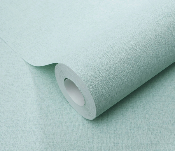 Erismann Forest Dreams 10563-43 wallpaper roll close-up with pale aqua woven texture and subtle crosshatch finish.
