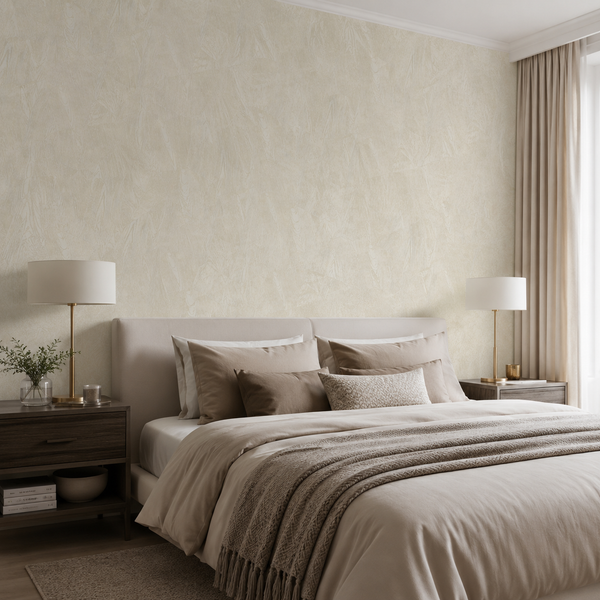 Erismann Opus 10439-02 light neutral textured wallpaper behind an upholstered bed in an elegant bedroom with cream bedding, taupe pillows, wood nightstands, and soft natural light.