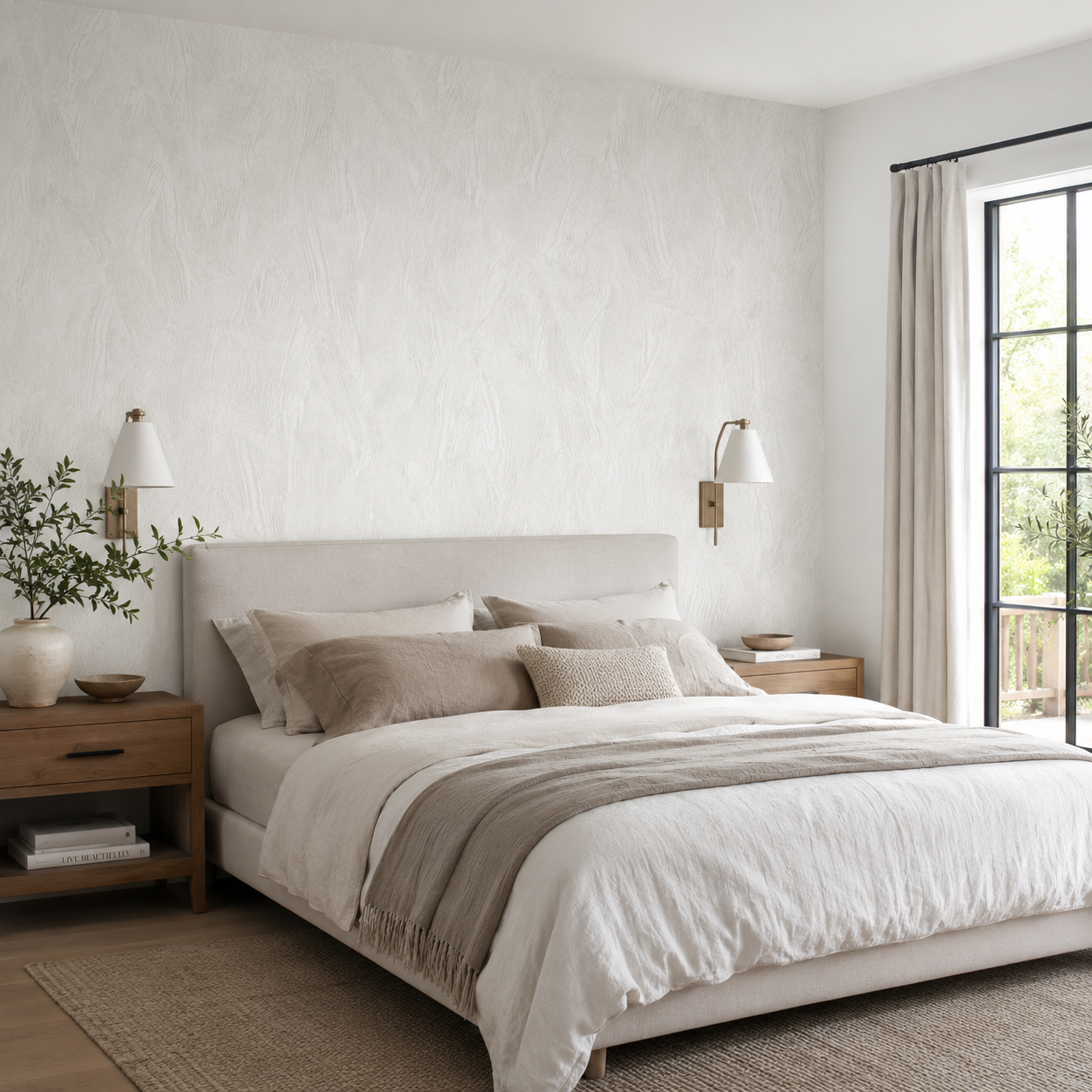 Erismann Opus 10439-31 soft white textured wallpaper on a bedroom feature wall with natural wood furniture, layered neutral bedding, cream curtains, and a bright airy interior.