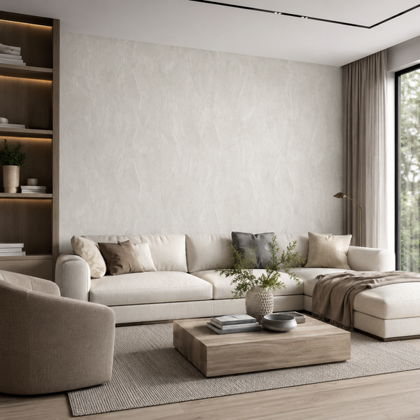 Erismann Opus 10439-31 soft white textured wallpaper in a calm modern living room with a cream sectional sofa, warm wood shelving, neutral pillows, and contemporary decor.