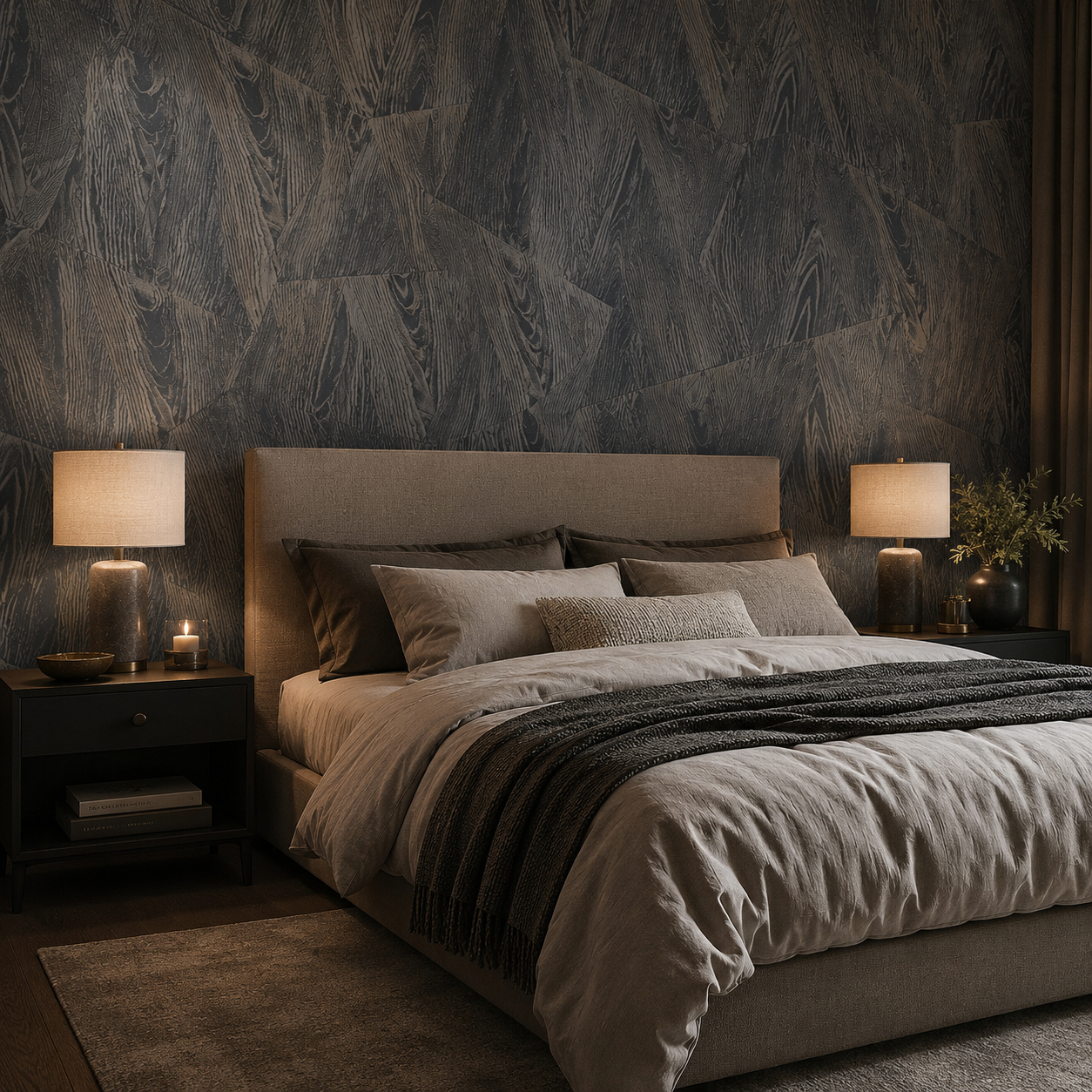 Erismann Opus 10439-47 charcoal geometric woodgrain wallpaper behind an upholstered bed in a moody bedroom with warm bedside lighting, layered neutral bedding, and black accents.