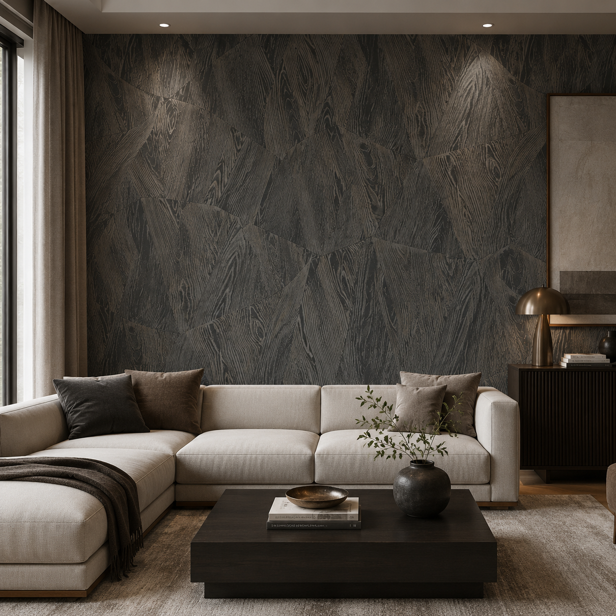Erismann Opus 10439-47 charcoal geometric woodgrain wallpaper on a dramatic living room feature wall with cream sectional sofa, black coffee table, brass lamp, and moody modern decor.
