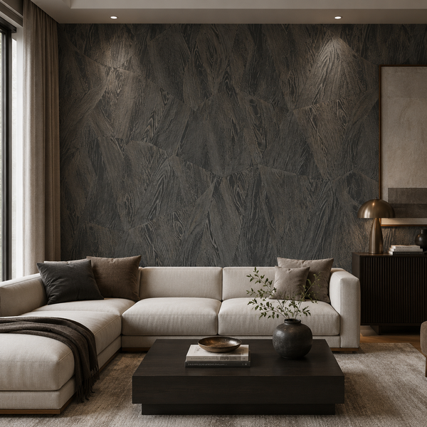 Erismann Opus 10439-47 charcoal geometric woodgrain wallpaper on a dramatic living room feature wall with cream sectional sofa, black coffee table, brass lamp, and moody modern decor.