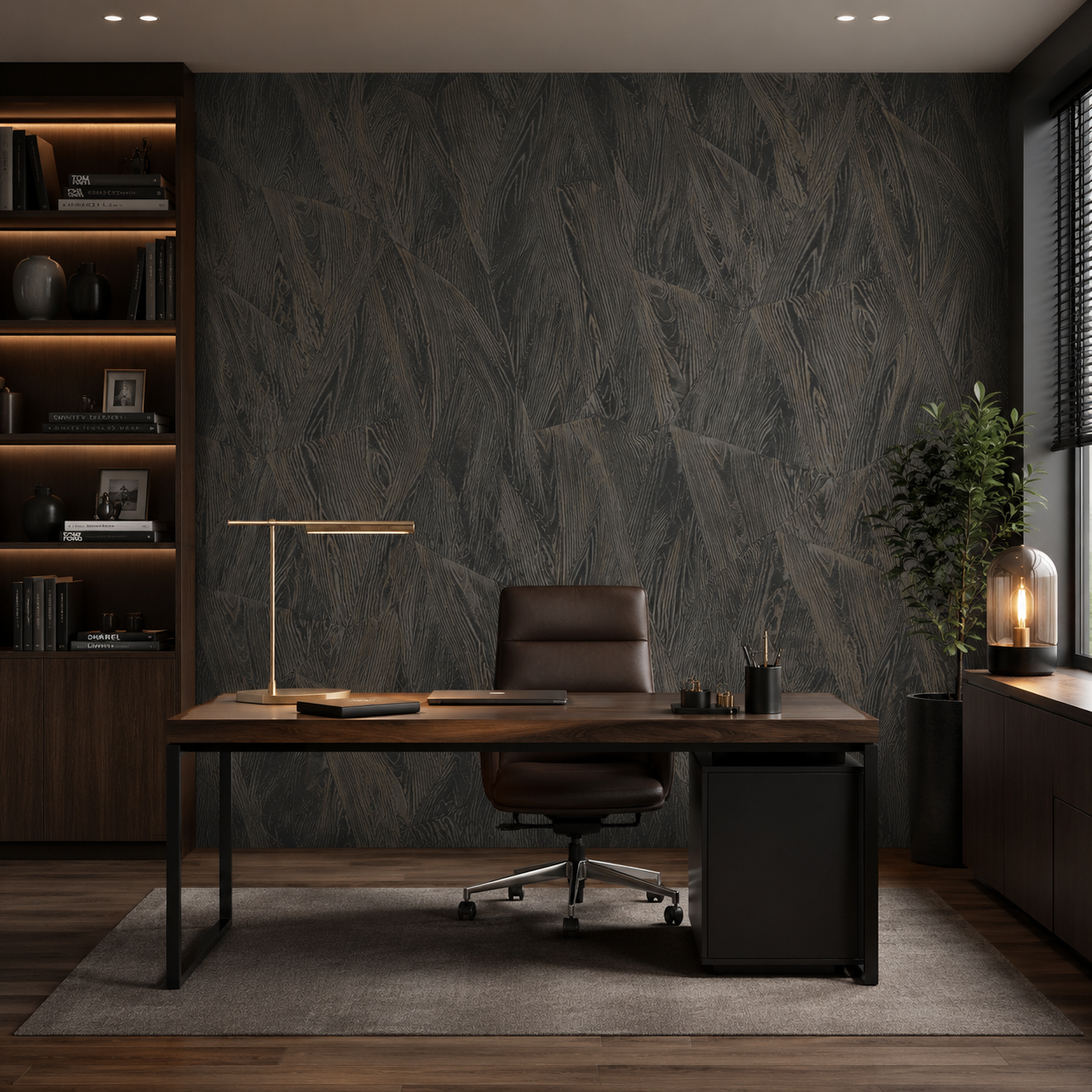 Erismann Opus 10439-47 charcoal geometric woodgrain wallpaper in a modern office with dark built-in shelving, wood desk, leather chair, warm lighting, and refined contemporary styling.