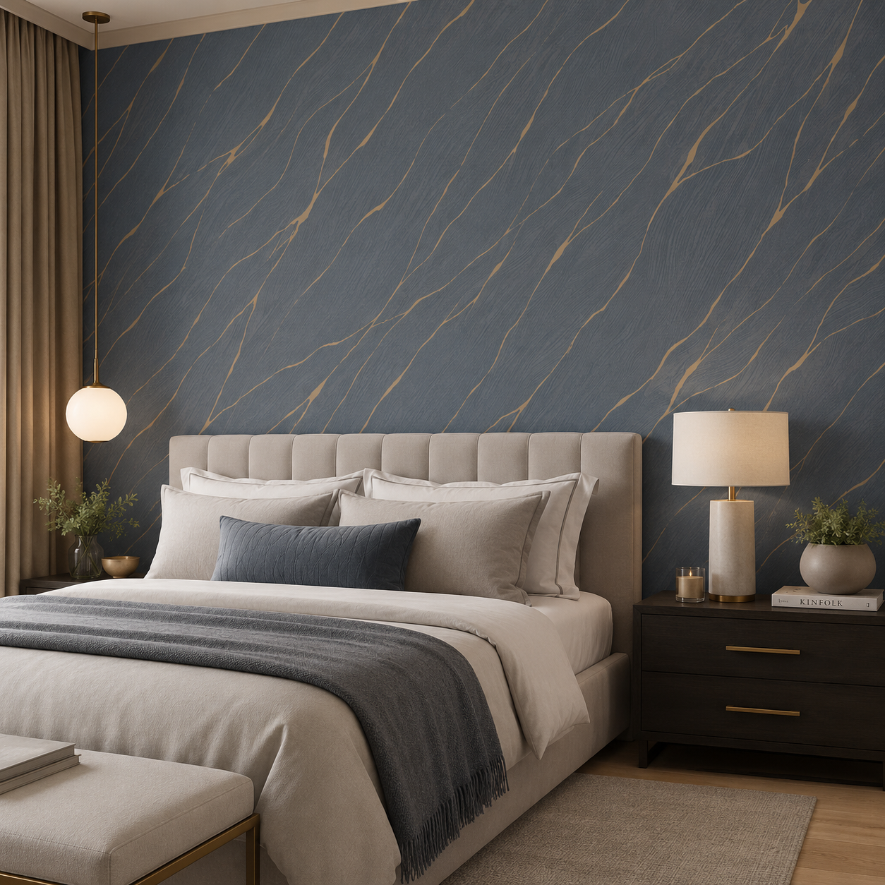 Erismann Opus 10440-08 blue and gold marble-effect wallpaper behind an upholstered bed in a modern bedroom with cream bedding, blue accents, dark wood nightstand, and warm brass lighting.