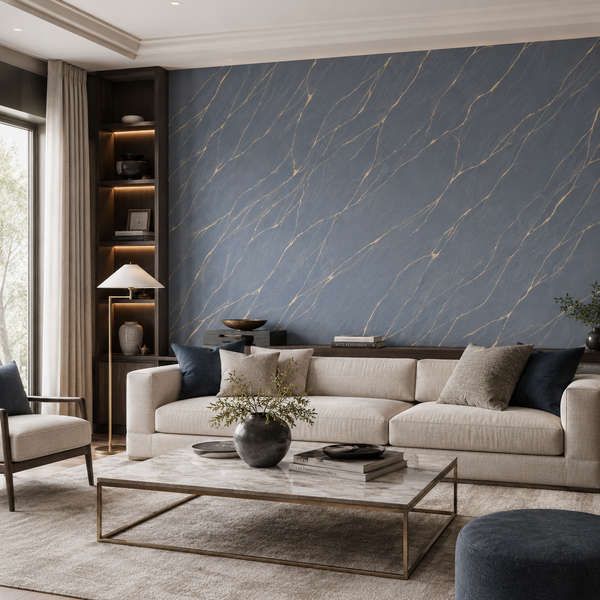 Erismann Opus 10440-08 blue and gold marble-effect wallpaper on a stylish living room feature wall with a cream sofa, navy cushions, brass accents, dark wood shelving, and modern luxury decor.