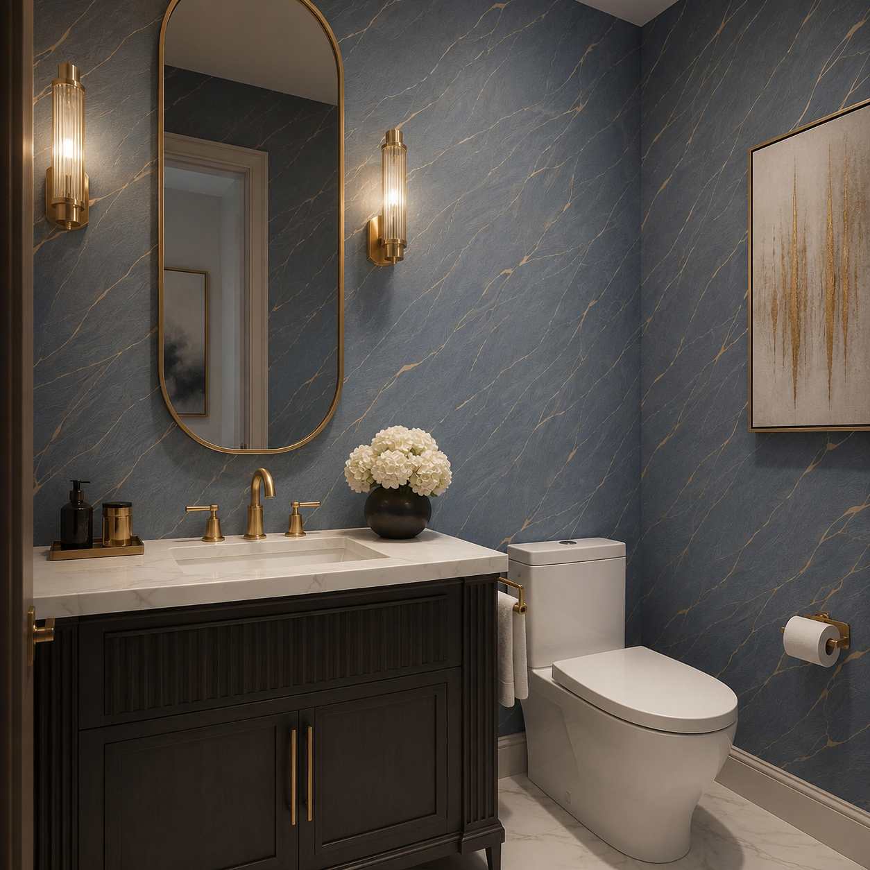 Erismann Opus 10440-08 blue and gold marble-effect wallpaper in a dramatic powder room with a black vanity, brass fixtures, arched mirror, warm wall sconces, and elegant dark accents.