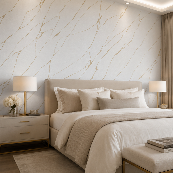 Erismann Opus 10440-31 white and gold marble-effect wallpaper behind an upholstered bed in an elegant bedroom with cream bedding, brass lamps, soft neutral pillows, and luxury hotel-inspired styling.