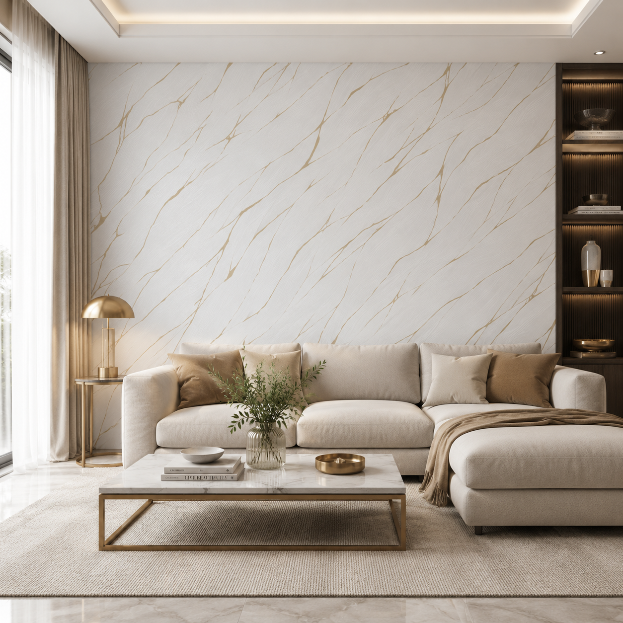 Erismann Opus 10440-31 white and gold marble-effect wallpaper on a modern living room feature wall with a cream sectional sofa, brass accents, marble coffee table, and warm neutral styling.