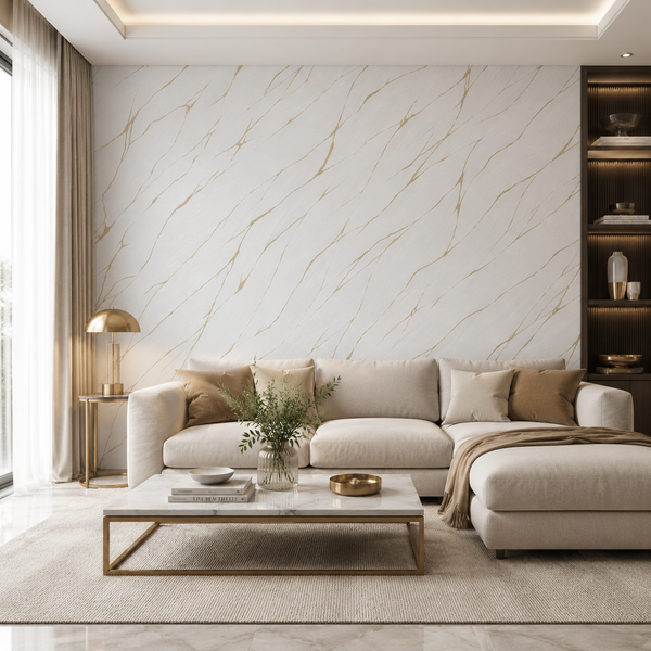 Erismann Opus 10440-31 white and gold marble-effect wallpaper on a modern living room feature wall with a cream sectional sofa, brass accents, marble coffee table, and warm neutral styling.