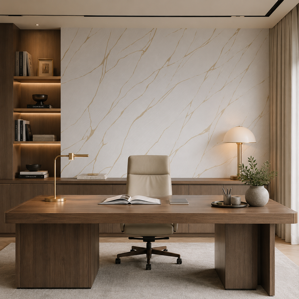 Erismann Opus 10440-31 white and gold marble-effect wallpaper in a modern office with a wood executive desk, warm built-in shelving, brass lighting, and refined neutral decor.