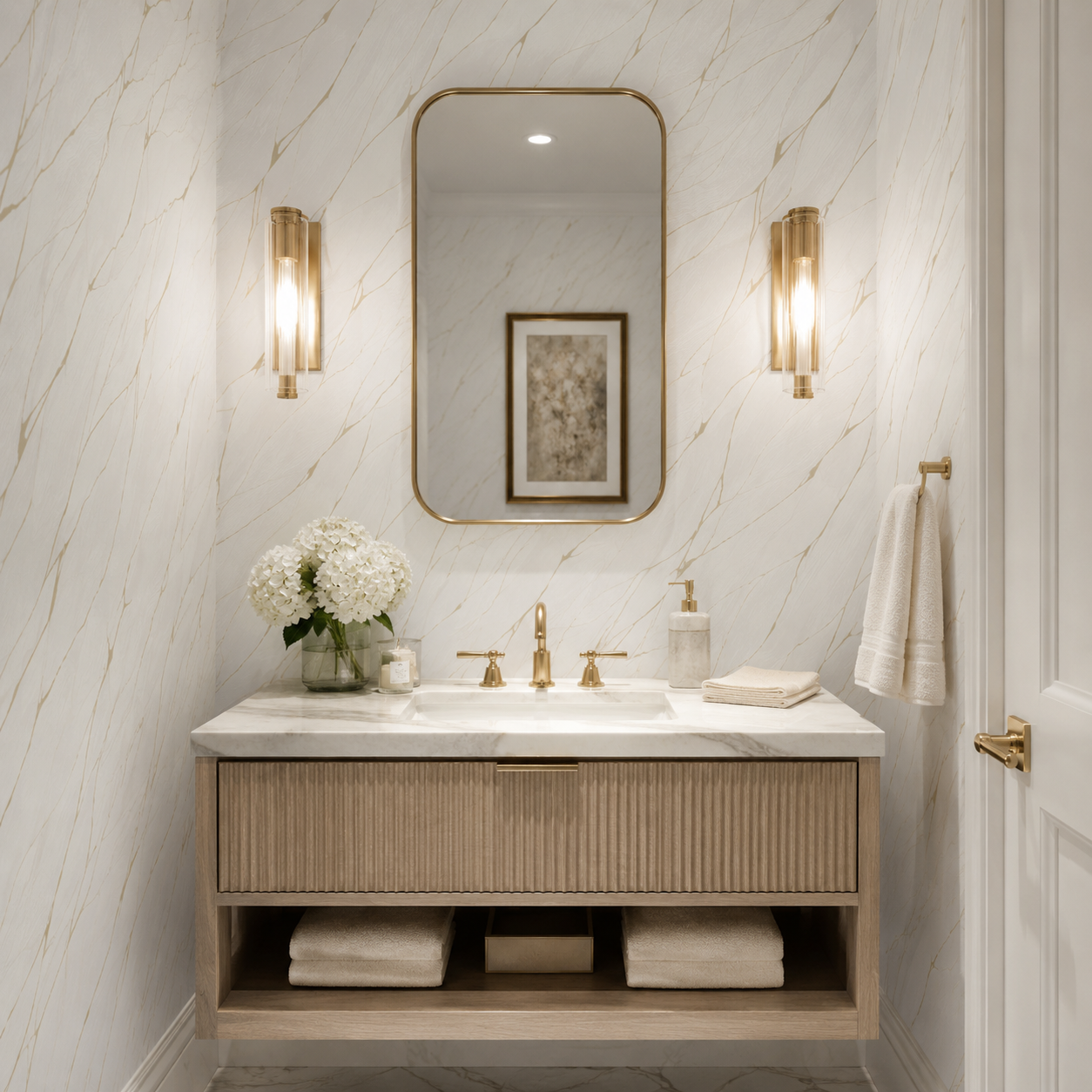 Erismann Opus 10440-31 white and gold marble-effect wallpaper in a bright powder room with a brass-framed mirror, marble vanity, warm wall sconces, white flowers, and elegant gold fixtures.