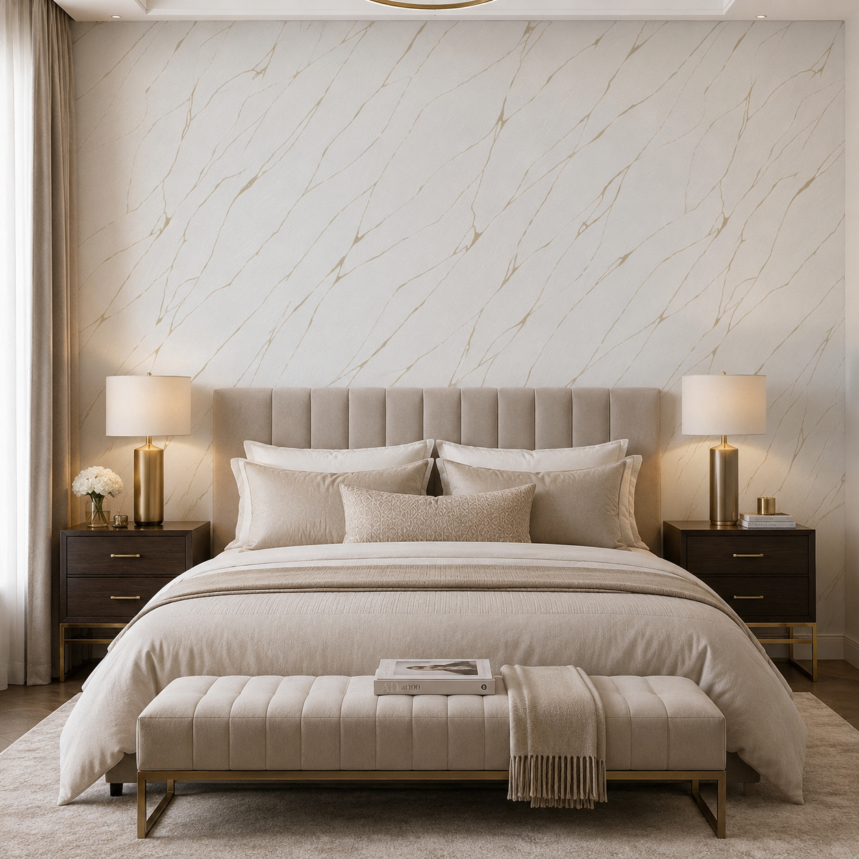 Erismann Opus 10440-32 white metallic marble-effect wallpaper behind a tufted upholstered bed in an elegant bedroom with cream bedding, dark wood nightstands, brass lamps, and soft luxury styling.